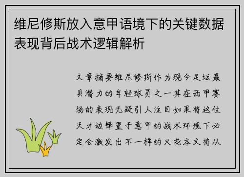维尼修斯放入意甲语境下的关键数据表现背后战术逻辑解析 维尼修斯放入意甲语境下的关键数据表现背后战术逻辑解析