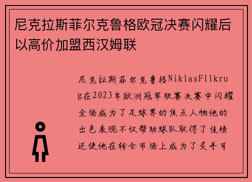 尼克拉斯菲尔克鲁格欧冠决赛闪耀后以高价加盟西汉姆联